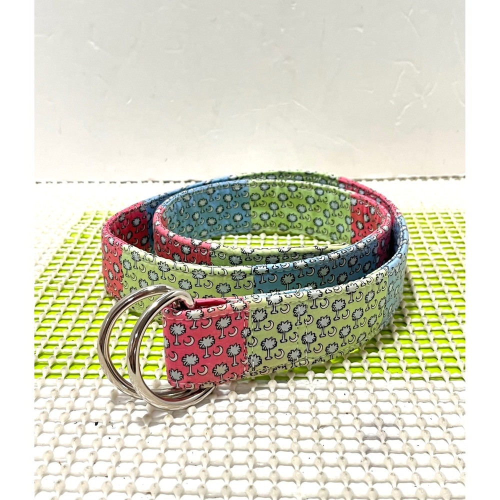 Vineyard Vines Patchwork Whale Palm Tree D-Ring Belt Women's M Pink Green Blue